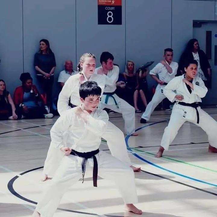 Juniors practising kata in a sports hall