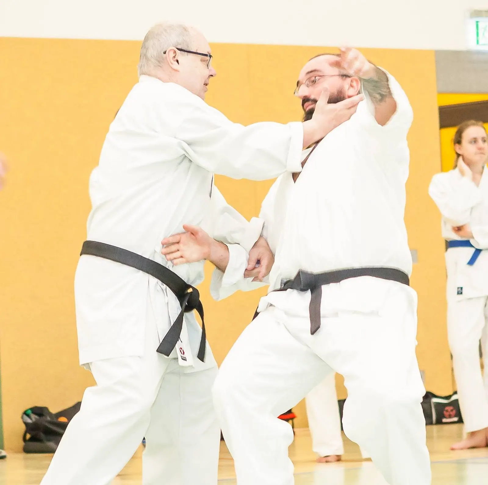 Two black belts training together in the sports hall in Plauen