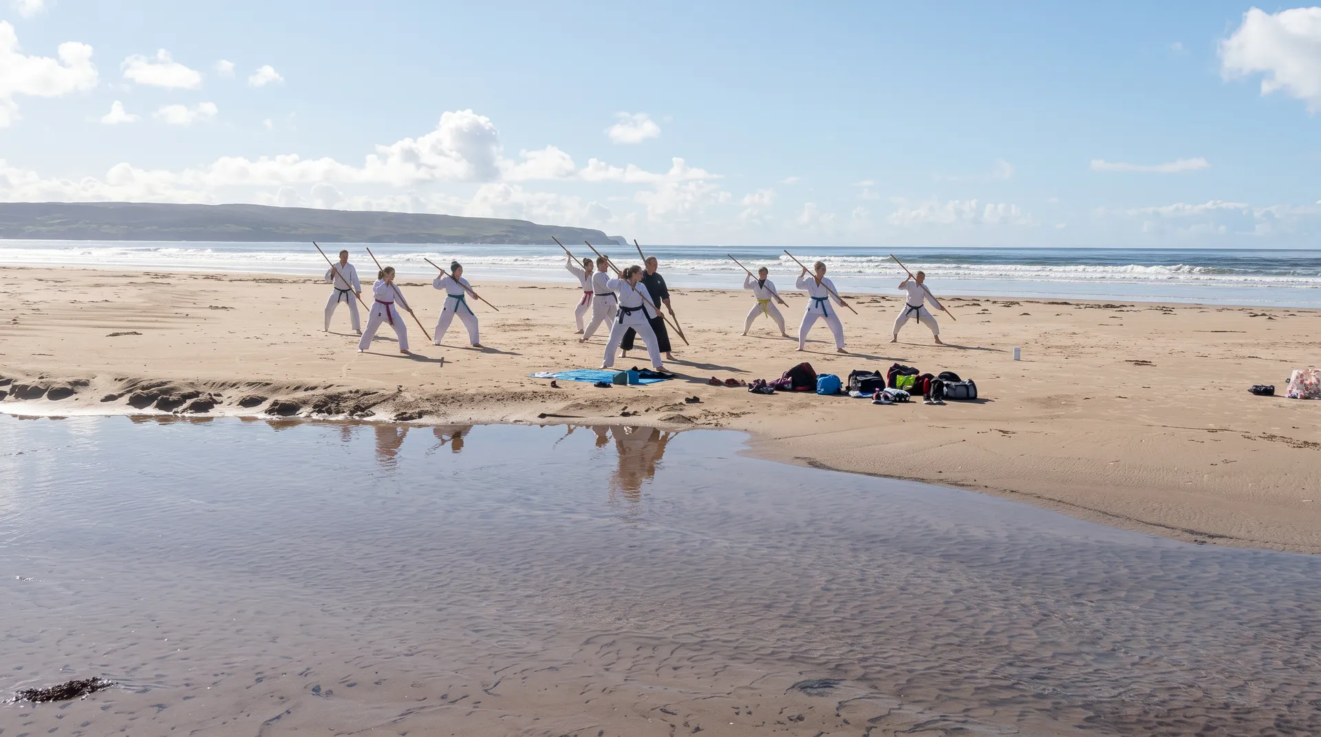 A line of members training on a wide beach at low tide