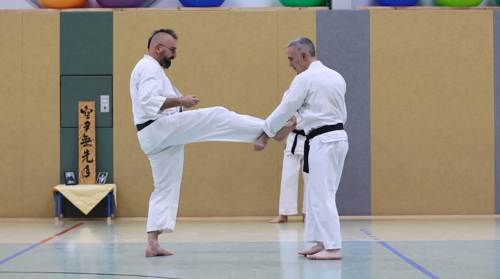 Two seniors practising a block in a school hall