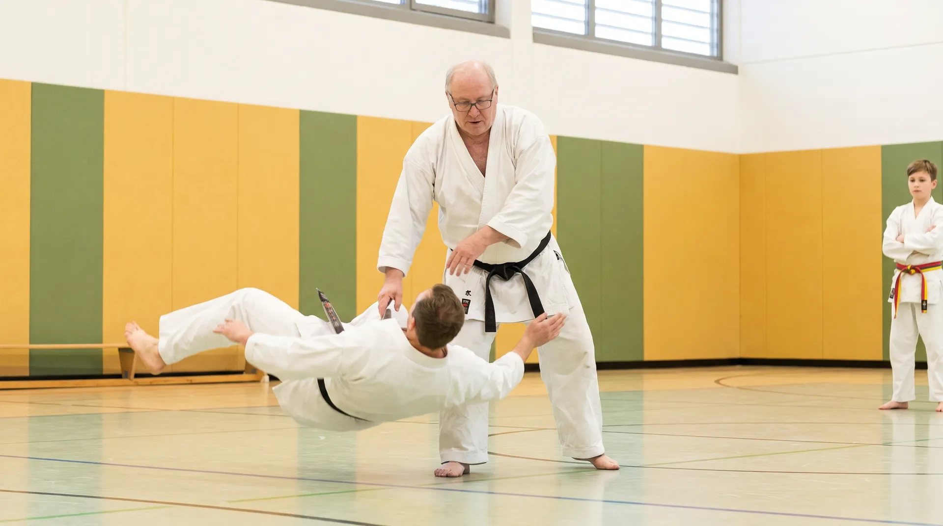 A senior member being thrown during grappling practice