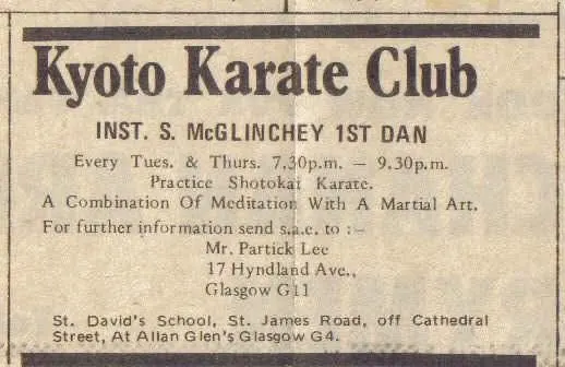 Newspaper advert for the Kyoto Karate Club, instructor S. McGlinchey 1st Dan, Tuesdays and Thursdays at St David's School