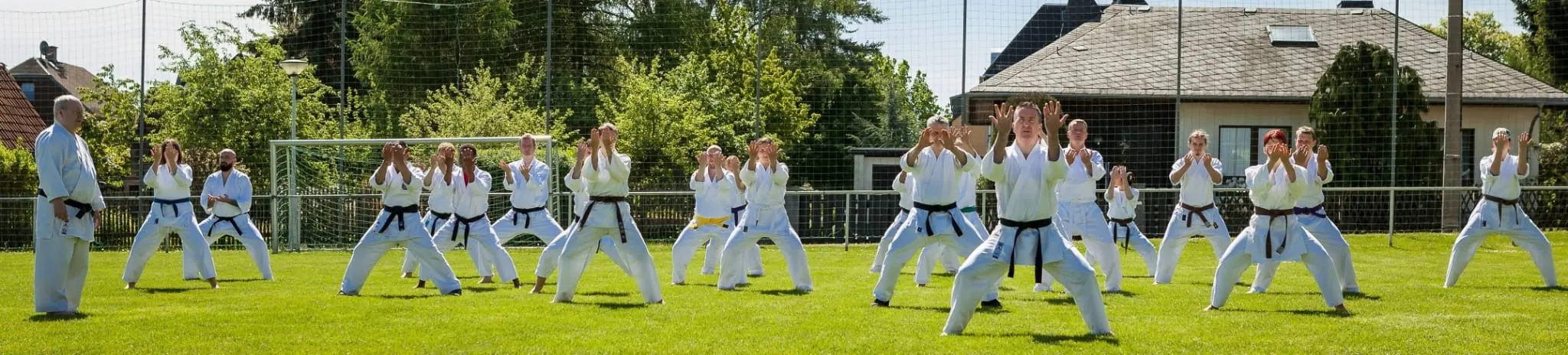 A large class of members in front stance on a playing field